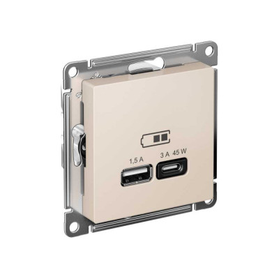 Розетка USB Systeme Electric ATLASDESIGN A + тип-C 45W высокоскор.заряд. QC,PD, механизм, БЕЖЕВЫЙ ATN000229