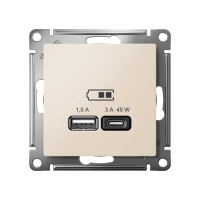 Розетка USB Systeme Electric ATLASDESIGN A + тип-C 45W высокоскор.заряд. QC,PD, механизм, БЕЖЕВЫЙ ATN000229