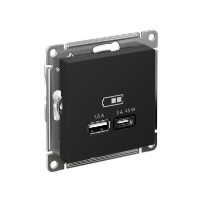 Розетка USB Systeme Electric ATLASDESIGN A + тип-C 45W высокоскор.заряд. QC, PD, механизм, КАРБОН ATN001029