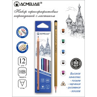 Чернографитный карандаш ACMELIAE 12 шт, HB трехгранный, корпус металлик, 6 цветов корпуса 43517