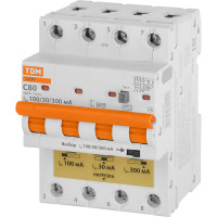 Дифференциальный автомат TDM ELECTRIC ад4p 4р с80 30-100-300ма 6ка тип ас SQ0204-0636