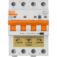 Дифференциальный автомат TDM ELECTRIC ад4p 4р с40 30-100-300ма 6ка тип ас SQ0204-0633