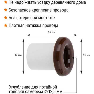 Изолятор для ретро проводки TDM ELECTRIC проходной (втулка керамическая) «ЭКО» бук (25шт/упаковка) SQ2802-0009