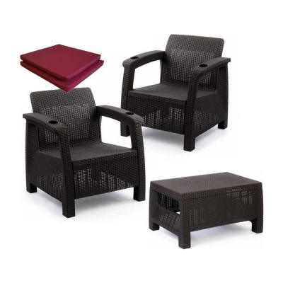 Комплект садовой мебели WORKY набор кофейный на 2 персоны (2 кресла + кофейный столик), искусственный ротанг, с бордовыми подушками ARD258138
