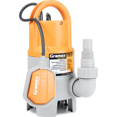 Насос для грязной воды Gramex P610I 610 Вт, максимальная производительность 175 л/мин, максимальная высота подъема 8 м, максимальный размер частиц 35 мм 1/4 01440