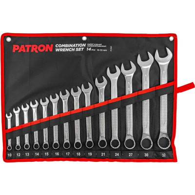 Набор ключей комбинированных PATRON 14 предметов 10, 12, 13, 14, 15, 16, 17, 18, 19, 21, 24, 27, 30, 32 мм, на полотне (14554) P-5141