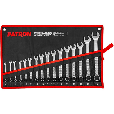 Набор ключей комбинированных Patron 16 предетов 6, 7, 8, 9, 10, 11, 12, 13, 14, 15, 16, 17, 18, 19, 22, 24 мм, на полотне (14554) P-5161M
