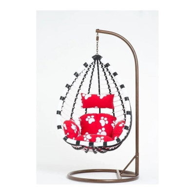 Подвесное кресло Vinotti каркас бело-черный, подушка красная с белыми лапками 44-004-14