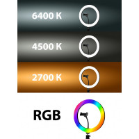 Лампа кольцевая светодиодная 30 см, 16 Вт, 2700-6400 К+RGB TDM ELECTRIC, штатив настольный, диммер, ПДУ, USB SQ0373-0303