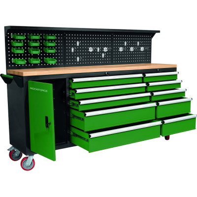 Передвижной металлический верстак Rockforce 485x1480x2130 мм, перфорация 530x2130 мм, деревянная столешница 40x485x2130 мм, шкаф одностворчатый 460x590x680 мм RF-01Y0109(46744)