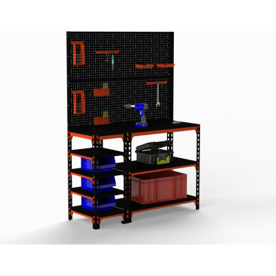 Стол-верстак Metalex 950x1800x500 мм с боковыми полками, двумя перфопанелями и комплектом аксессуаров, оранжево-черный ООО Металекс 111045
