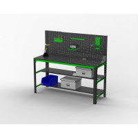 Металлический стол ООО Металекс серия KIT 750x1500x600 мм, две полки, перфопанель с комплектом аксессуаров 201072
