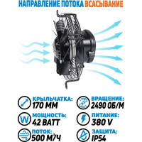 Вентилятор осевой 170 мм YWF2D-170S-95/15-G/ 380 В, 52 Ватт. Поток: всасывание (от радиатора) YWF-2D170-S95/15-G