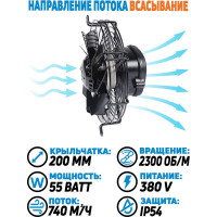 Осевой вентилятор АРКАИМ 200 мм, 380 вольт. Поток: всасывание. YWF2D-200S-92/15-G