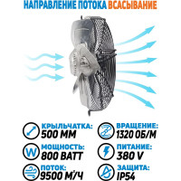 Осевой вентилятор АРКАИМ 500 мм, 380 Вольт. Поток: всасывание. YWF4D-500S-145/65-G