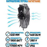 Осевой вентилятор АРКАИМ 630 мм, 380 Вольт. Поток: нагнетание. YWF4D-630B-168/80-G