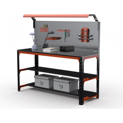 Стол металлический ООО Металекс серия KIT 750x1400x600 мм, 2-е полки + перфопанель с комплектом освещения, ОЧ 201305