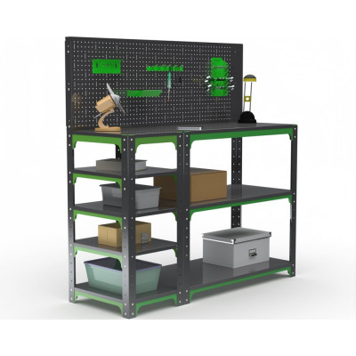 Стол-верстак ООО Металекс Metalex серия KIT 950х1800х600 с боковыми полками, перфопанелью и комплектом аксессуаров, серо-зеленый 204108