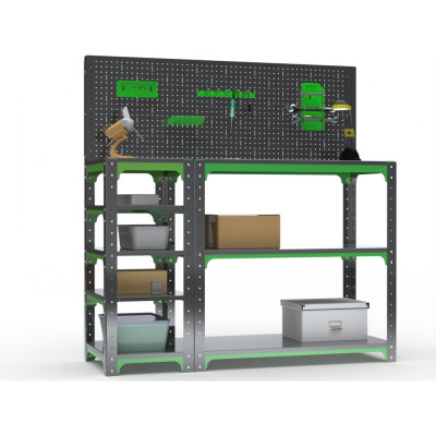 Стол-верстак ООО Металекс Metalex серия KIT 950х1600х500 с боковыми полками, перфопанелью и комплектом аксессуаров, серо-зеленый 204097