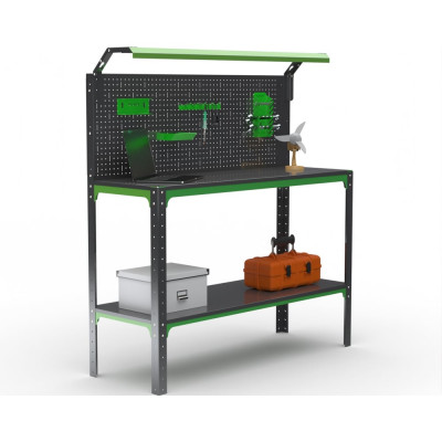 Стол-верстак ООО Металекс KIT 950х1800х500 (одна полка + перфопанель с комплектом освещения) (серо-зеленый) / 204456