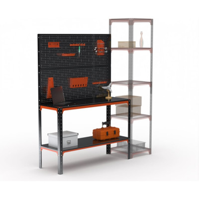 Стол-верстак ООО Металекс серия KIT 950х1000х400, одна полка, двойная перфопанель с комплектом аксессуаров, оранжево-черный 204655