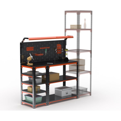 Стол-верстак ООО Металекс серия KIT 950х1400х400, с боковыми полками, перфопанелью и комплектом освещения, оранжево-черный 204749
