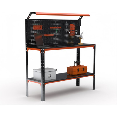 Стол-верстак ООО Металекс серия KIT 950х1300х400, одна полка, перфопанель с комплектом освещения, оранжево-чёрный 204907