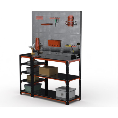 Стол-верстак ООО Металекс KIT 950х1800х600 (с бок. полками, двумя перфопанелями и комп. аксессуаров) (оранжево-чёрный) / 204600