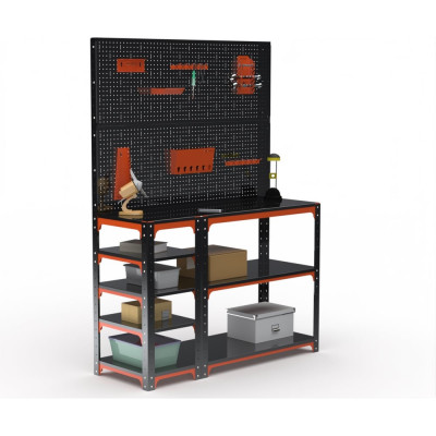 Стол-верстак ООО Металекс KIT 950х1600х600 (с бок. полками, двумя перфопанелями и комп. аксессуаров) (оранжево-чёрный) / 204598