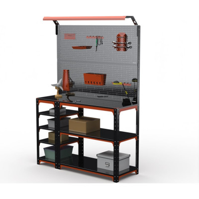 Стол-верстак ООО Металекс KIT 950х1800х500 (с бок. полками, 2-мя панелями и комп. освещения) (оранжево-чёрный) / 204789