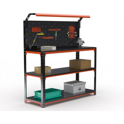 Стол-верстак ООО Металекс KIT 950х1800х500 (2-е полки, + перфопанель с комплектом освещения) (оранжево-чёрный) / 204867