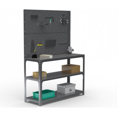 Стол-верстак ООО Металекс Metalex KIT 950х1600х500 мм, две полки + двойная перфопанель с комплектом аксессуаров, серый 205162