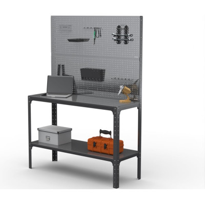 Стол-верстак ООО Металекс Metalex KIT 950х1500х500 мм, одна полка + двойная перфопанель с комплектом аксессуаров, серый 205134