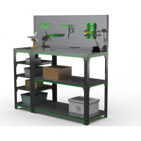 Стол-верстак ООО Металекс Metalex серия KIT 950х1700х400 с боковыми полками, перфопанелью и комплектом аксессуаров, серо-зеленый 204089
