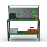 Стол-верстак ООО Металекс KIT 950х1000х500, одна полка + перфопанель с комплектом освещения, серо-зеленый 204448