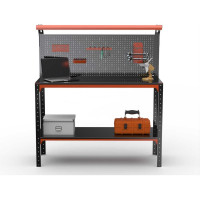 Стол-верстак ООО Металекс серия KIT 950х1800х500, одна полка, перфопанель с комплектом освещения, оранжево-чёрный 204921