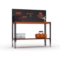 Стол-верстак ООО Металекс серия KIT 950х1100х500 мм, одна полка + перфопанель с комплектом аксессуаров, оранжево-чёрный 204611