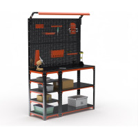 Стол-верстак ООО Металекс KIT 950х1800х500 (с бок. полками, 2-мя панелями и комп. освещения) (оранжево-чёрный) / 204789