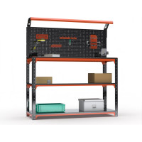 Стол-верстак ООО Металекс KIT 950х1800х500 (2-е полки, + перфопанель с комплектом освещения) (оранжево-чёрный) / 204867