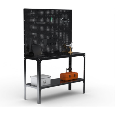 Стол-верстак ООО Металекс KIT 950х1800х600 мм, одна полка + двойная перфопанель с комплектом аксессуаров, черный 205611