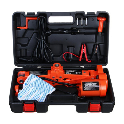 Домкрат электрический ЕРМАК 3 т, 12В, 120-420 мм, 100 Вт, в кейсе, х/б перчатки с ПВХ 743-006