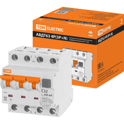 Автоматический выключатель дифференциального тока TDM ELECTRIC АВДТ 63 4P C32 300мА SQ0202-0027