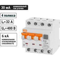 Автоматический выключатель дифференциального тока TDM ELECTRIC АВДТ 63 4P(3Р+N) C32 30мА 6кА тип А SQ0202-0019
