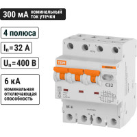 Автоматический выключатель дифференциального тока TDM ELECTRIC 63S 4P3P+N C32 300мА 6кА тип АС SQ0202-0045