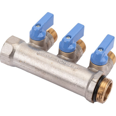 Коллектор с шаровыми кранами STOUT Smb 6211 341203 3/4", 3 отвода 1/2", синие ручки RG0091AACQML3R