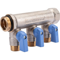 Коллектор с шаровыми кранами STOUT Smb 6211 341203 3/4", 3 отвода 1/2", синие ручки RG0091AACQML3R