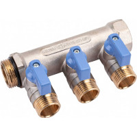 Коллектор с шаровыми кранами STOUT Smb 6211 341203 3/4", 3 отвода 1/2", синие ручки RG0091AACQML3R