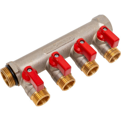 Коллектор с шаровыми кранами STOUT Smb 6210 341204 3/4", 4 отвода 1/2", красные ручки RG0091AACQND3T