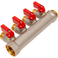 Коллектор с шаровыми кранами STOUT Smb 6210 341204 3/4", 4 отвода 1/2", красные ручки RG0091AACQND3T