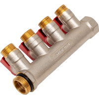 Коллектор с шаровыми кранами STOUT Smb 6210 341204 3/4", 4 отвода 1/2", красные ручки RG0091AACQND3T